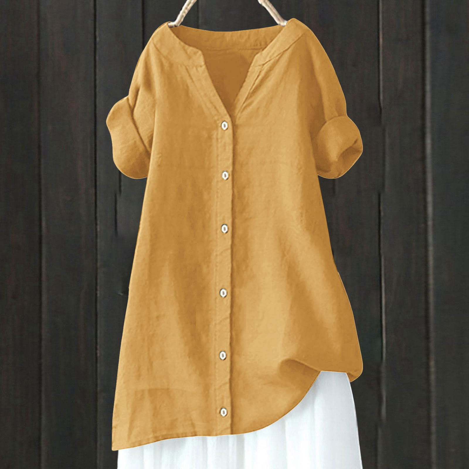 thumbnail image 2 of Camisa de lino para mujer: talla grande, manga corta, cuello en V, color liso, 2 of 4